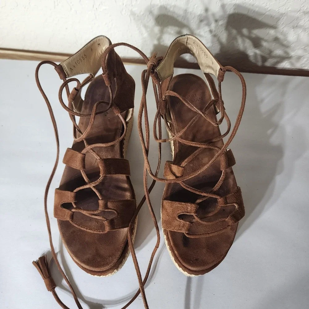 Stuart Weitzman Brown Suede Lace Up Espadrille Platform Sandals Tassel  8M